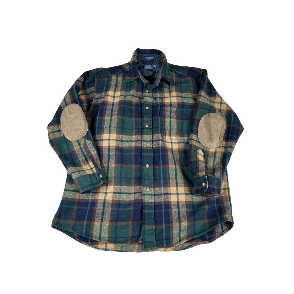 Pendleton Virgin Wool Green Flannel Shirt Button Up Men's Large Elbow Patches